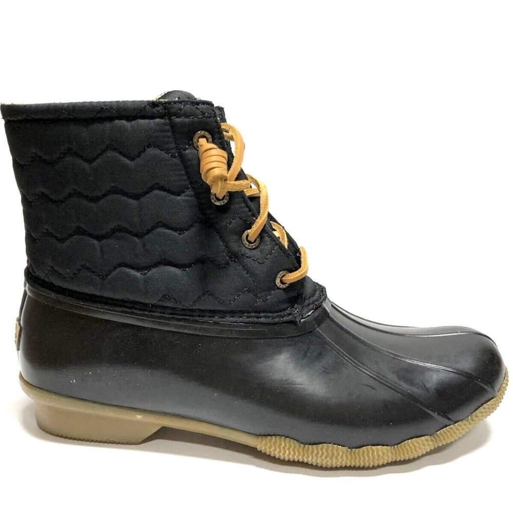 Sperry Women's Saltwater Quilt, Black Rain Boot 10 M